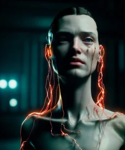 Ultra realistic photographic night portrait, cinematic, naked, long hair <sexy woman> <hanging wires> many wires coming out of the head <perfect pupil> <cyborg> <garage> <wide angle Shot> <sci-fi futuristic> <thriller>, fog, soft color, highly detailed, unreal engine 5, ray tracing, RTX, lumen lighting, ultra detail, volumetric lighting, high definition.