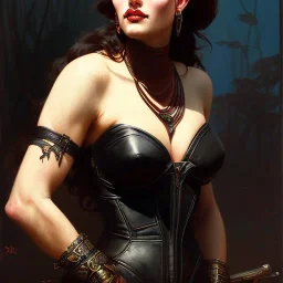 painting of evil goddess in black leather, angry, strong, volouptous, busty, cleavage, emperious, mature, highly detailed, digital painting, artstation, concept art, smooth, sharp focus, illustration, art by gaston bussiere and alphonse mucha