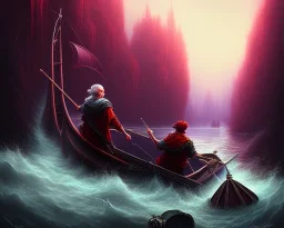 Charon the ferryman in his boat on the river Styx, red black purple colours, 8k, high definition, fantasy art, winding river, sharp jagged rocks, high contrast colours, sharp detail,