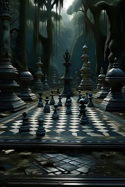 a group of chess pieces sitting on top of a chess board, a detailed matte painting, by John Moonan, fantasy art, a beautiful pathway in a forest, spiritual eerie creepy picture, amazing wallpaper, perfect symmetrical image, abandoned places, magical battlefield backround, still from a fantasy movie, dan mcpharlin : : ornate