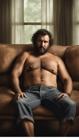 photorealistic, photography, half figure shot, an hairy men sleeping over an old sofa, hands behind the neck, Realistic photography, shirtless, shorts, well defined facial features, muscular chubby sweat dirty marocan, ugly , 41 years old , open legs, manly chest, big shoulders, manly torso, short beard , very dark living room, dim light, ambient occlusion, view angle from below, frontal view from the ground