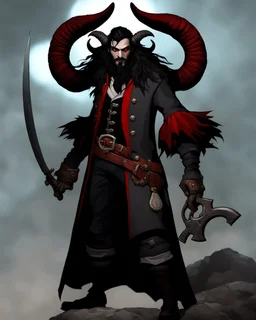 demonic rogue, crude handgun self-made, gray ashen skin, half-curled ram horns, pirate outfit, red eyes, black wavey hair, short black beard