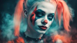 realistic portrait of harley quinn The face of a harlequin; double exposure juxtaposed with Memories of corals, bioluminescence, smoke and loneliness. A cold colour palette with only the fire having warm colours ; hyperealistic photography style digital double exposure post processed for greater detail