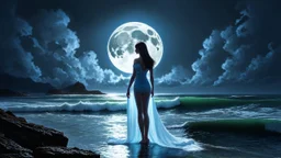 Beneath the luminous glow of the supermoon, a spectral figure emerged from the rocky shore, her translucent form shimmering like moonlight on water. She stood tall, beckoning the tides with an ethereal grace, a guardian of the ancient sea. Legends whispered of her power to calm storms and guide lost sailors home. As the waves danced at her feet, she sensed a presence—a lost traveler—drawing nearer, unaware that the moon's light was not just a gift, but a warning.