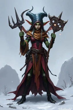 a goblin witch, humanoid, fantasy, bandit, female, ice, pretty, attractive