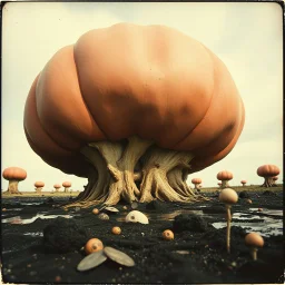 Photography polaroid close-up of a random landscape with massive odd Yves Tanguy incomprehensible style Surrealism, glossy, organic, creepy tumor mass growing, strong texture, fiotti di liquido nero, horror, panic, obsessive, hypnotic