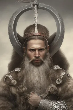 Viking style, 8K, a Highly detailed stunning portrait of Dom man with a kneeling submissive woman, white suit, beard, and short hair, bad boy,