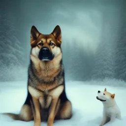 Doge, shiba inu mixed with German Shepherd, in the snow, with frogs. ethereal