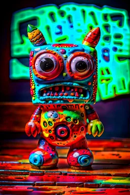 photo of art toy peculiar monster made of painted vinyl and wood