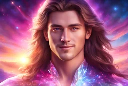 Photorealistic image ,Masterpiece Handsome tall young Man made of crystal luminous , very long straight hair, perfect light eyes, open eyes, smiling regard,Chakras lightness, Beautiful Sunrise, Pink light, Sun, Crystal diamonds, , full of details, smooth, neon colors, nebula ambience, Sci-Fi Fantasy,sunny sky,soft light atmosphere, light effect elegant, highly detailed, digital painting, artstation, concept art, smooth, sharp focus, insane detail, luxury, intricate carving, intricate lines