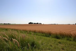 a short wild grass clearing next to an ideal farm field, sunny day, product photo setting, mid-level horizon, taken from 15 feet up
