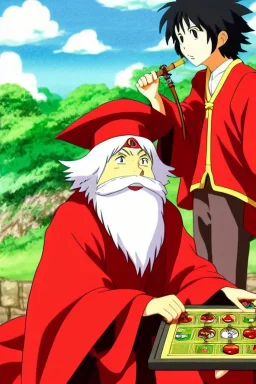 studio ghibli wizard with red robes plays a board game with a frog, holding a smoking pipe, fantasy, hi res, high detail, anime, high quality, cute, high def, psychedlic