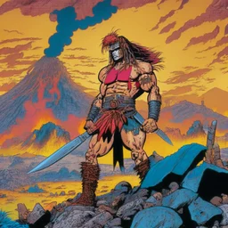 Un guerrero con cuchillos en un estilo de comic de 1980 en un wasteland con un volcan de fondo