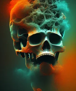 broken skull. black background. smoke and explode. particles in air. teal and orange. abstract. beksinski.