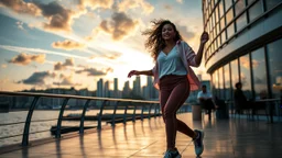 beautiful lady with makeup in pants and pretty shirt curvy long hair sport shoes dancing in sea side ,modern city escape at dintant ,pretty clouds, golden hour