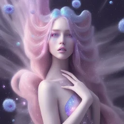 one big crystal glitter pink blue subtle galactic fairy in a galactic ambiance,glitter long blond hair down to the ground,transparent petals,blue eyes,delicate colors in the foreground, full of details, smooth，soft pink violet light atmosphere, light effect，vaporwave colorful, concept art, smooth, extremely sharp detail, finely tuned detail, ultra high definition, 8 k, unreal engine 5, ultra sharp focus