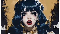 Poster in two gradually, a one side malevolent goth vampire girl face and other side the Singer Melanie Martinez face, painting by Yoji Shinkawa, darkblue and gold tones,