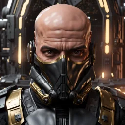 star wars bald male corellian pilot wearing pearlescent black and gunmetal grey First Order special forces heavy assault stealth commando armor and helmet with gold trim inside the jedi temple, hyperdetailed, dynamic lighting, hyperdetailed background, 8k resolution, volumetric lighting, light skin, fully symmetric details