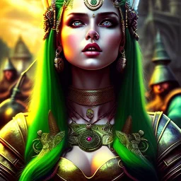 fantaisy setting, medieval fantasy, insanely detailed, woman, indian, peau sombre, green hair strand
