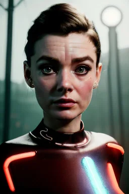 Ultra Realistic retro sci-fi scene, portrait, brunette woman, sweet young Audrey Hepburn face, perfect iris, glow eyes, makeup. Aliens background, Retro sci-fi style, helmet, tight latex coat, fog, rain, soft color, highly detailed, unreal engine 5, ray tracing, RTX, lumen lighting, ultra detail, volumetric lighting, 3d, finely drawn, high definition, high resolution.