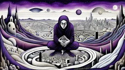 inner world ,a nonbinary human figure crouched in the middle of a multi-layered thick amorphous block of stone consisting of several layers, around weird whimsical landscape city in the distance, pale eyes, pale hands faint human figures, dark purple, gray, black, white, brown. Whimsical style of Chagall , of Minjae Lee and Anton Semenov, lonely with absurd broken land, neuron network background, surreal vibe
