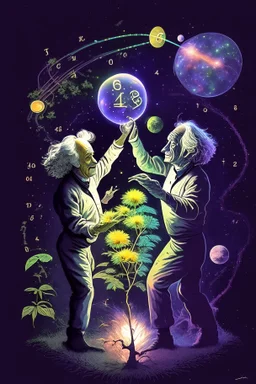 Albert Einstein and Richard Feynman playing with numbers & atoms in outerspace with plants, cosmic gas, stars, moons, and comets dancing around them