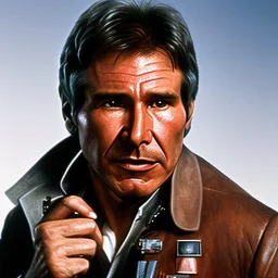 8k hyperspace background,complete and photo realistic detailed head to waist stunning, extrem photo realistic portrait of harrison ford as han solo in star wars with short lenght, Symmetrical, soft, fine, warm, photo realistic hair, brown eyes, professional majestic photo realistic painting by Ed Blinkey, Atey Ghailan, by Jeremy Mann, Greg Manchess, Antonio Moro, trending on ArtStation, Intricate, High Detail, Sharp focus,dramatic, by greg rutkowski,rough skin,space outfit