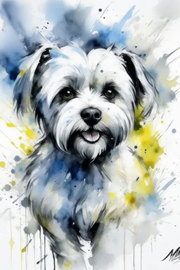 A portrait of a happy curious maltese terrier by yoji shinkawa , willem haenraets loose watercolour, wet on wet and splattering and dripping techniques, centred, perfect composition, abstraction, grey and cream