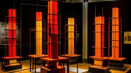 Orange colored tesla coils painted by Piet Mondrian