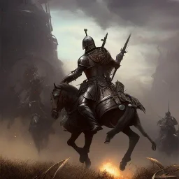 frank frazetta style, knight on battlefield, wasteland