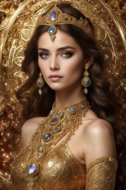 Fullbody photography ultra realistic natural beauty of young woman, beautiful, shiny hard eyes, make up, shiny baubles, ornate, large gemstones, shiny molten golden metalics, shiny wire filigree, luxury jewelry diamonds background,brown hair, high definition, high res,establishing shot