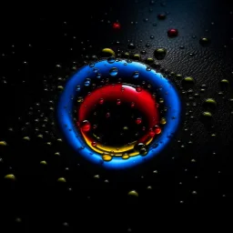 circle of waterdrops, dark romantic atmosphere with blue red and yellow