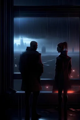 Cyberpunk vampires looking out a window at the city during a thunderstorm with lightning in the background