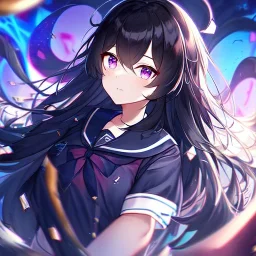 Clear focus, High resolution, Black long fluffy hair, purple eyes, wearing a sailor uniform, shattered rainbow in triagle formation,