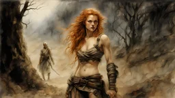 Hyper-photorealistic watercolor art style by Luis Royo , ginger-haired woman with natural skin tones, hyperdetailed face, full body diagonal shot, encounters male bandits in dark fantasy countryside setting, absence of mysterious elements, dramatic lighting, ultrafine detail, octane rendering., by