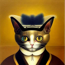 oil painting of a beautiful symmetrical cat with a summer hat, XIX century, classic japanese, by El Bosco, Leonardo da Vinci 8k