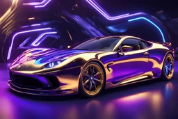 FERRARI GOLD BLUE PURPLE CHROME design, high quality, 3d render, digital art, 32K ultra hd, hyper realistic, cinematic, high definition, new design, tron style, ultra detailed atmospheric details, beautiful glowing effects, sparkle effects, MULTICOLORS, METAL MATERIAL,