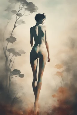 A minimalist, with a vintage twist, featuring a sleek and stylized unclad woman body silhouette against a faded, women body is painting about nature, awosome, bright.