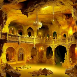 An orangish yellow palace with crystals, gems, and relics designed in cave paintings painted by Zosan