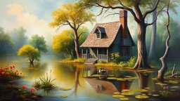 Realistic oil painting of a quaint house surrounded by a murky swamp, inspired by the works of Thomas Kinkade and Bob Ross, soft lighting, vibrant colors, intricate details of plants and wildlife in the swamp.