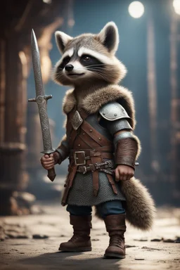 portrait of cute fast historic strong viking racoon with horned viking helmet & boots holding ornate viking sword in fallout 4 setting, bokeh, downlight, prize winning, depth of field, in the style of ivo caprino