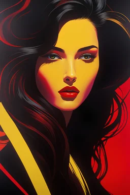 close-up ((facing head down ((woman)) with silk blinfold eyes)) - long floating brown hair ((shattered in many ghostly overprinted faces)) of women and men ((surrounding shadow faces)). black to red & yellow Dark mood, Oil neon painting Expressionit art ((80's horror poster)), Patrick Nagel, synthwave, Photo realistic.