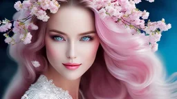 ((best quality)),((masterpiece)),ultra detailed background ((Cherry Blossoms)),(30 years old Sweedish gorgeous smiling woman), medium breast,wearing flowing dress, golden blue flowing hair glamour,(blue eyes),beautiful face,((white mists:1.4)),(pink dust:1.2),mysterious,mysteries of galactic universe,yellow lightnings,volumetric lightnings,dark and blurry background,