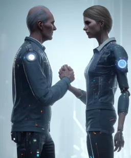 detroit become human, two people looking at each other, real Handshake 10 fingers , sci-fi fantasy style, volumetric lighting, particales,highly detailed,cinamatic, deep colours,8k.