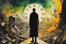 Time marches beyond the boundaries of the finite mind, neo surrealism, striking, atmospheric, dreamlike, in the graphic novel style of Dave McKean, stylish, vibrant colors, asymmetric, disjointed, non linear, photographic collage, watercolor underpainting