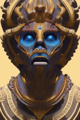 Aztec male African Egyptian alien, cracks in the voodoo head, wicked, eyes, crown, Elephant, 8k, finely detailed, photo realistic, tiger turquoise skull head gold dragon space alien snow skeleton gold hornytoad silver crown silver eyes