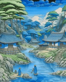 A blue Japanese village near a watery springs designed in Hawaiian tiki statues painted by Katsushika Hokusai