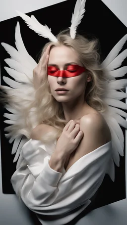 A blonde girl in her twenties, with white wings, and a red bandage over her eyes. She sleeps on a luxurious black carpet. Cinematic photo from above.