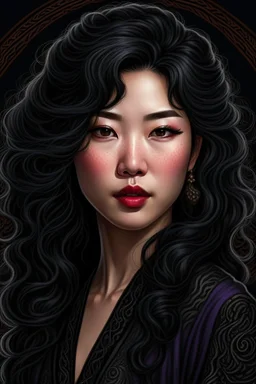 /image prompt:portrait of a mature asian goth woman with wavy black hair, fantasy style, realistic style, highly intrictae details, high quality, 8k