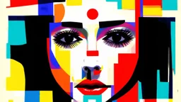 This image is a digital painting depicting an abstract face with surreal and modernist influences. The face is centered and occupies the majority of the composition. It is a blend of various geometric shapes and colors, creating a striking and enigmatic expression. The face has a smooth, almost featureless complexion with a prominent red dot on the forehead, which contrasts starkly with the surrounding colors. The eyes are large and almond-shaped, with a piercing gaze, and are colored in a dark